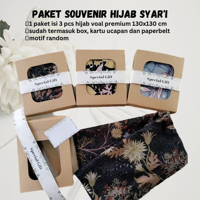 [3pcs] Hampers Souvenir Hijab Syar'i Motif , Hijab Voal syar'i , kado wisuda, hijab motif premium