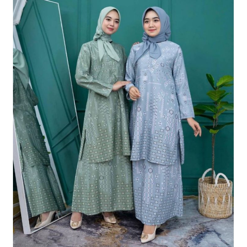 Oneset Aleena Stelan Baju Kurung Melayu Malay Setelan Atasan Bawahan Tunik Rok Motif Etnik Premium M