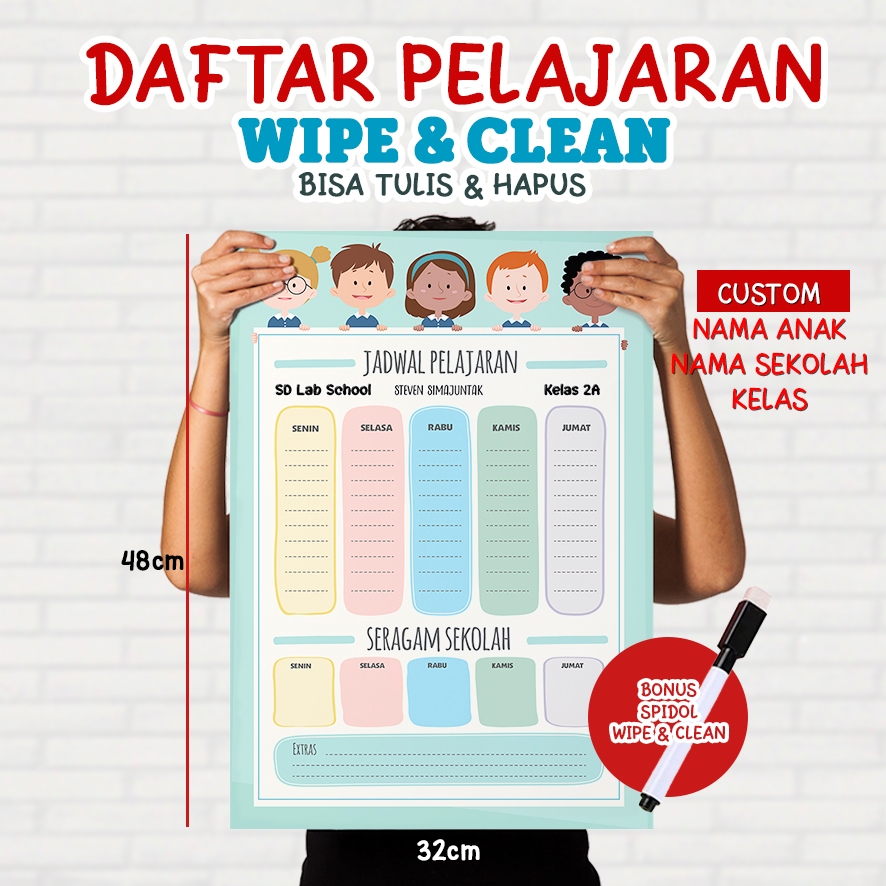 

JADWAL PELAJARAN WIPE CLEAN CUSTOM BISA TAMBAH NAMA ANAK, KELAS & NAMA SEKOLAH/ SCHOOL TIMETABLE / POSTER PELAJARAN / WiPE & CLEAN UKURAN BESAR A3+