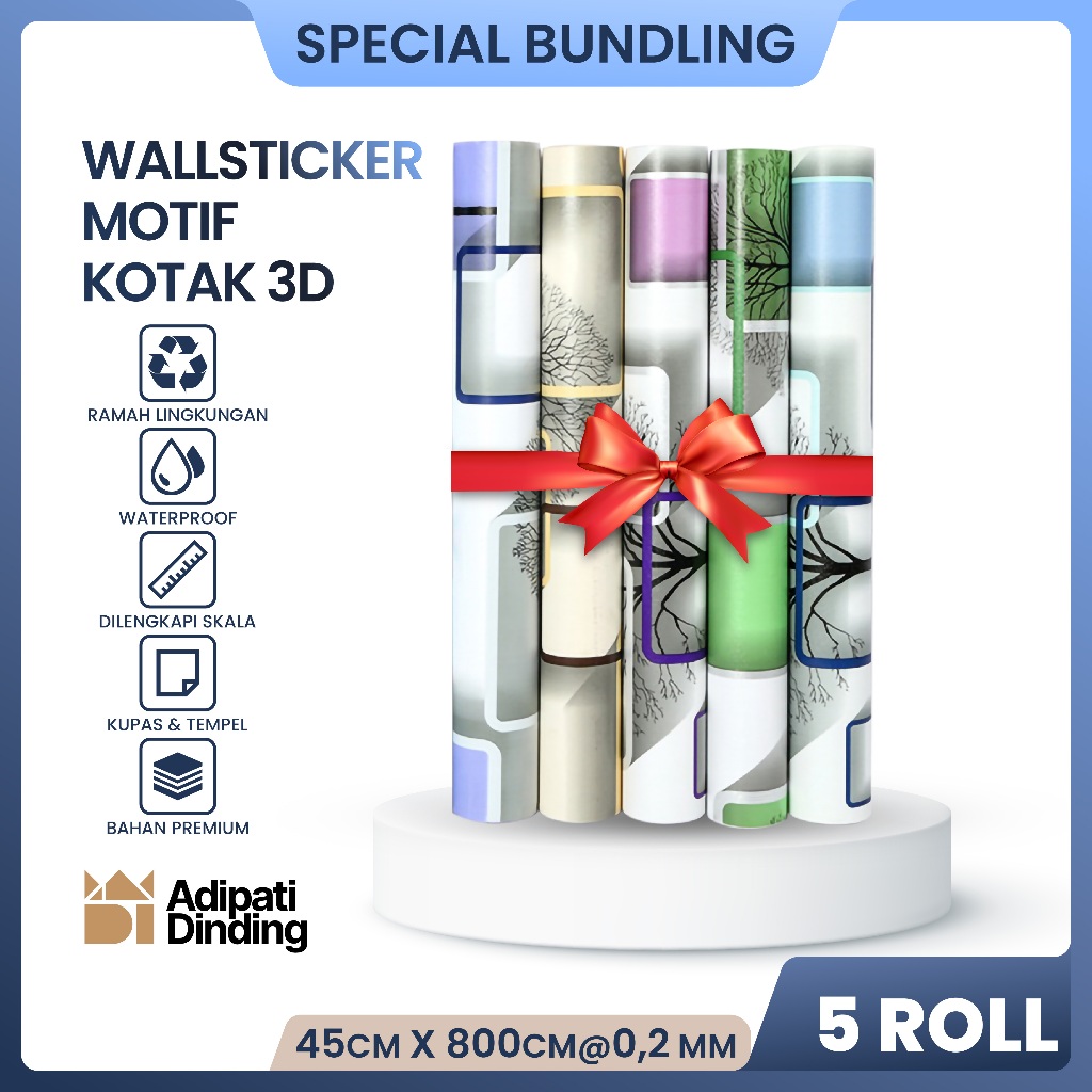 Adipati Dinding - BUNDLE  PAKET 5 ROLL/GULUNG WALLPAPER DINDING MOTIF KOTAK 3D ALL VARIANT UKURAN PE