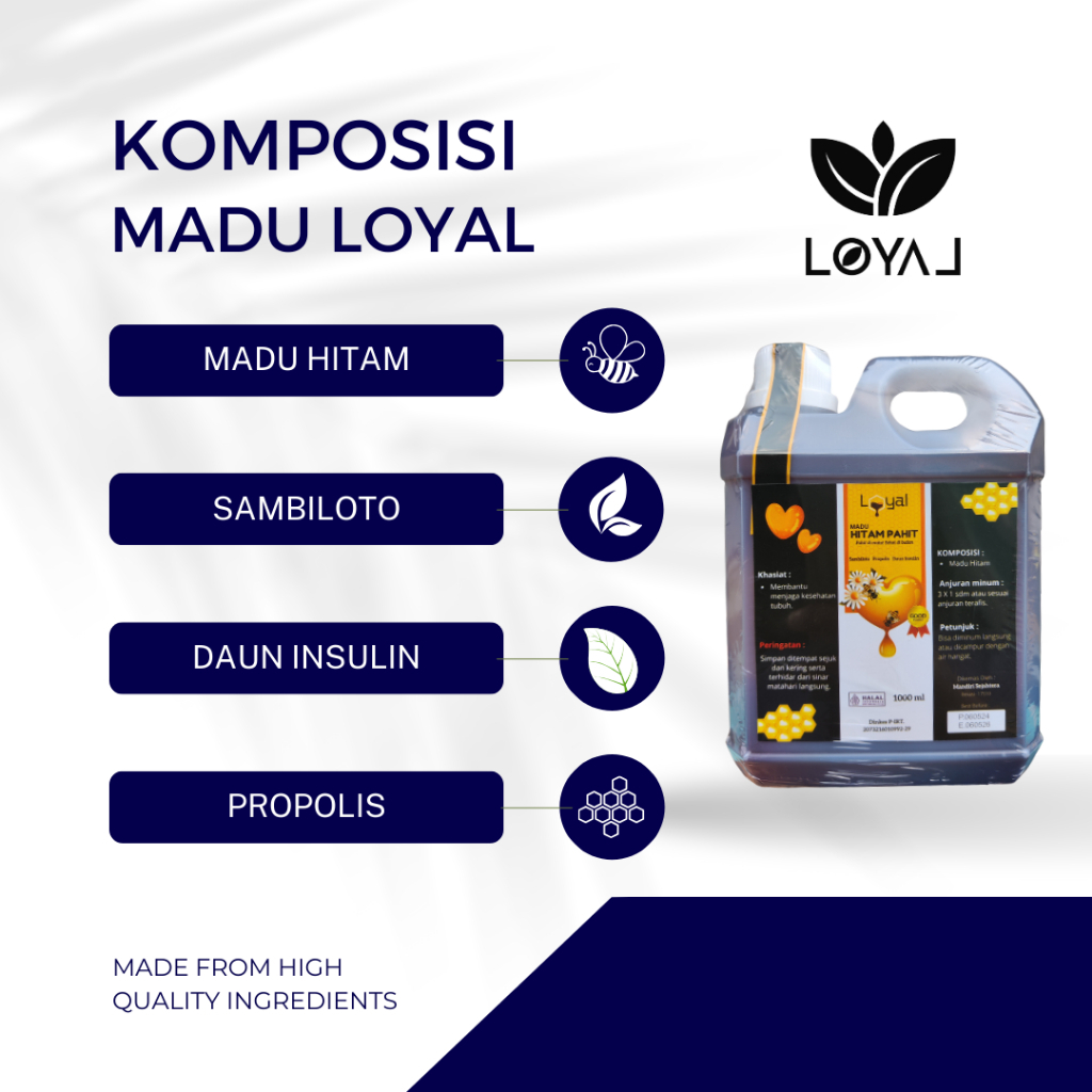 

MADU HITAM PAHIT LOYAL MULTIKHASIAT PLUS SAMBILOTO PROPOLIS DAUN INSULIN 1000GR