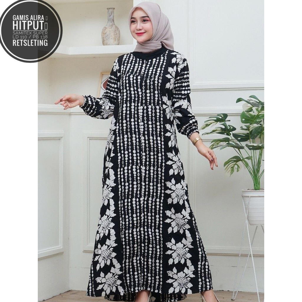 Gamis Alira Hitam Putih Bunga Batik Cap