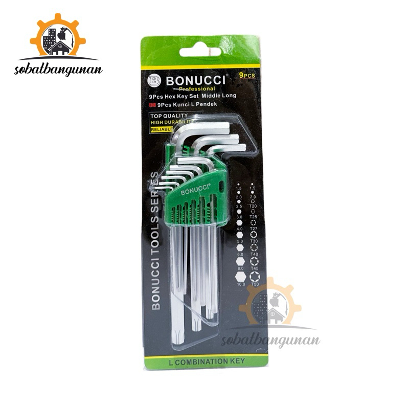 Kunci L Panjang BONUCCI atau OLIQ Set Kombinasi Bintang + Segi 6 (9pcs)