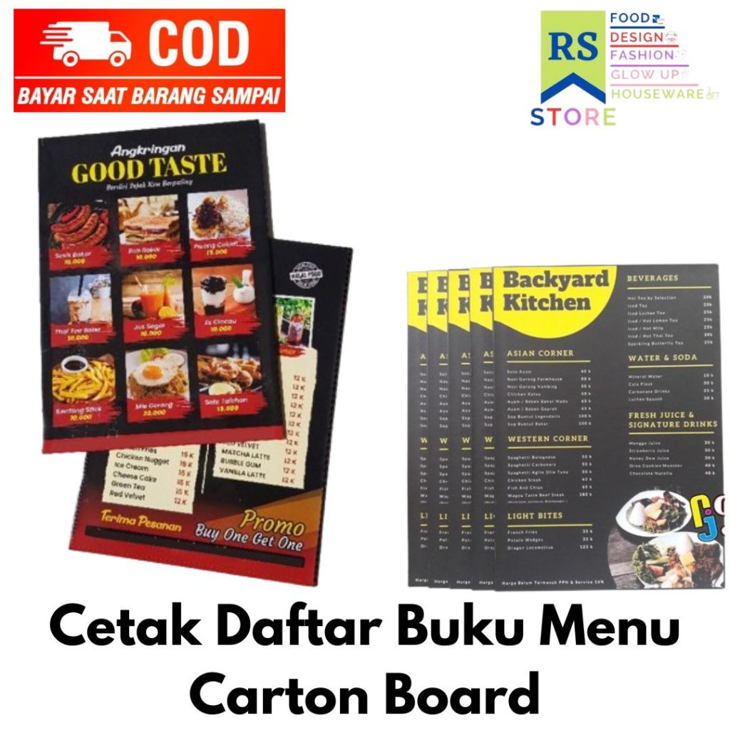 

cetak daftar menu makanan bahan carton board / menu karton board tebal/termurah / cetak buku menu custom / daftar menucetak menu makanan & minuman bahan art papaer 260 + laminasi, custom / daftar menu polyfoam termurah- menu polyfoam 1cm- custom menu