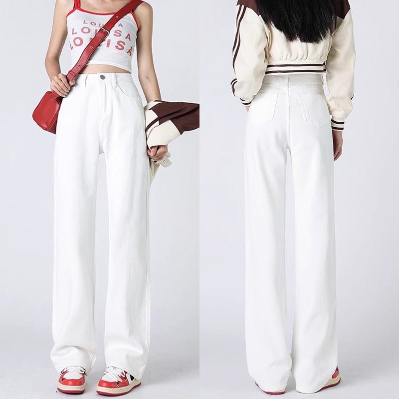 Celana Jeans casual wanita highwaist/ Jeans lurus longgar berpinggang tinggi berwarna putih murni ka