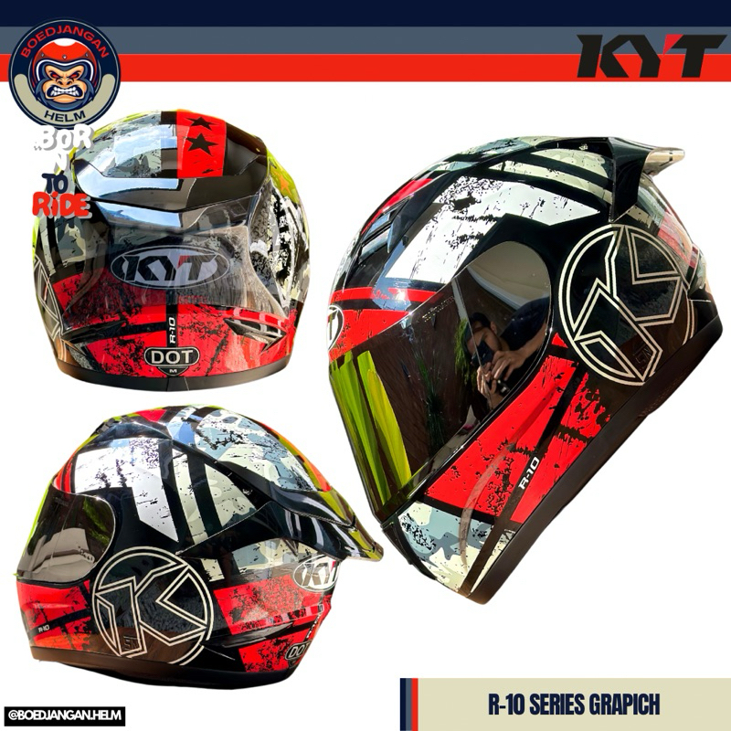 KYT HELM R10 GRAPHIC #3 BLACK RED- FULL FACE - IRIDIUM FLAT VISOR - SINGLE VISOR - KYT R10 MODIF
