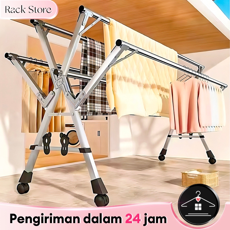 Jemuran Baju Lipat Stainless Steel Jemuran Pakaian Portable Jemuran 5 Tiang Dengan Roda