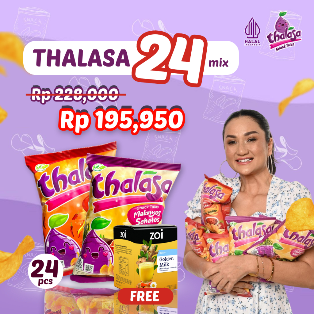 

Thalasa Bundle 24 Mix FREE 1 Box Zoi Golden Milk x Tengku Dewi Putri Thalasa Snack (Rasa Jagung Bakar/ Pedas Sedap)