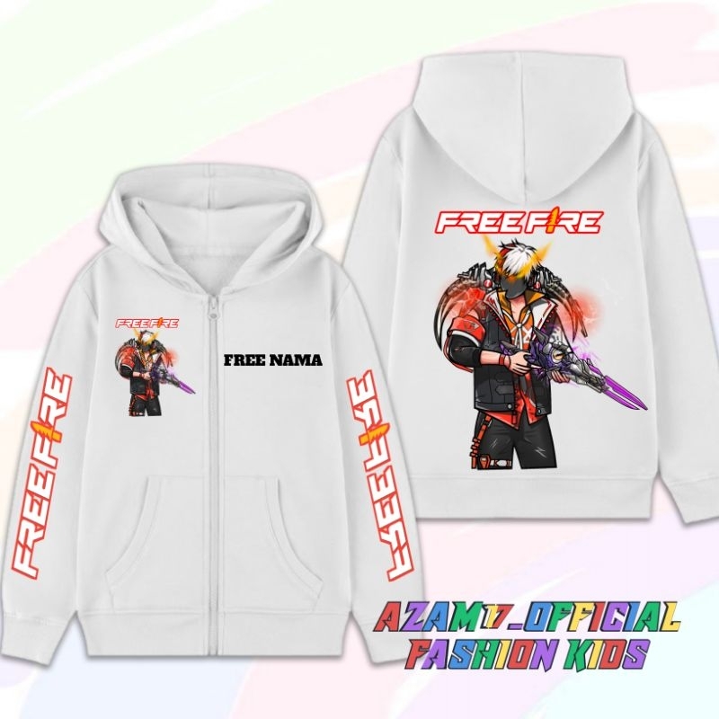 Jaket Hoodie Anak FF Karakter Free Fire Versi SG 2 juta Evo Gun Free Nama / Jaket Resleting Anak Kat