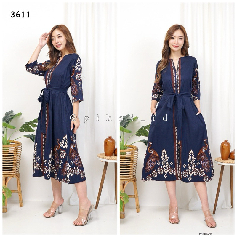 De Dress panjang wanita batik full kancing / Tunik batik wanita modern motif wayang / long dress