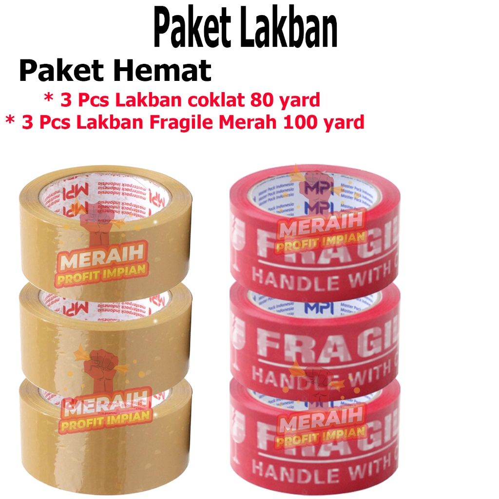 

Paket 6 Pcs - 3 Pcs Lakban Coklat 45mm x 80 Yard + 3 Pcs Lakban Fragile Merah 48mm x 100 Yard - Paket Hemat - DAYA REKAT KUAT DAN TIDAK MUDAH PUTUS