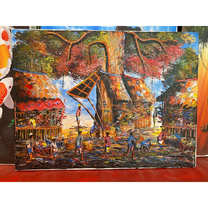 Lukisan Pasar tradisional Bali Suasana di pagi hari, lukisan Canvas, lukisan khas Bali