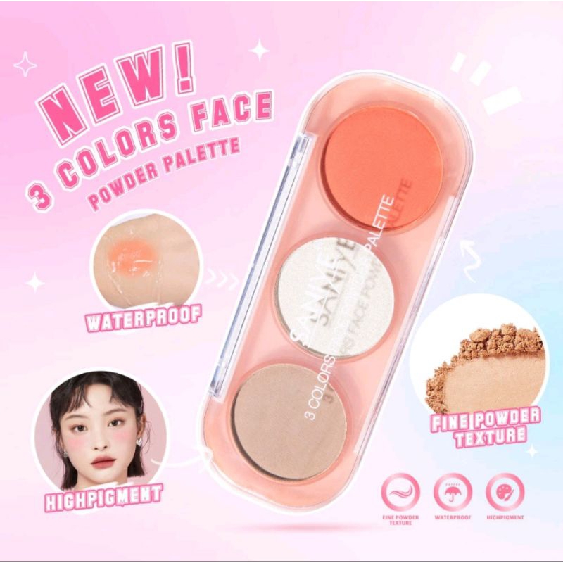 SANIYE MULTIFUNGSI BLUSH ON GLITTER  HIGHLIGHTER PALLETE COUNTUR 3 WARNA
