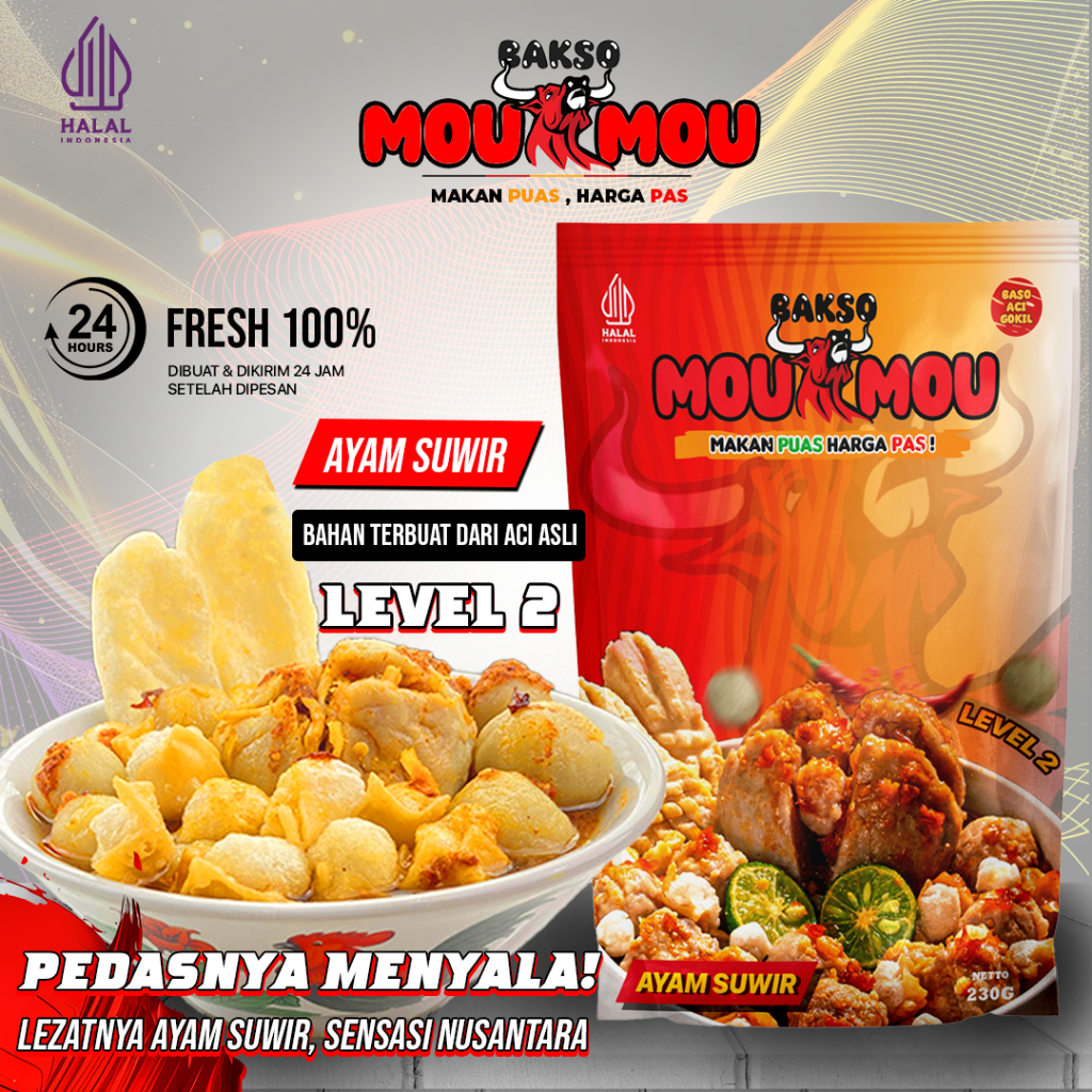 

-Bakso MouMou-Baso Aci Ayam Suwir Varian Pedas Level 2 Boci Halal Makanan Frozen Premium Murah