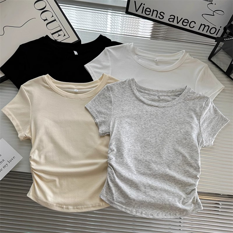 kaos wanita lengan 3/4 jumbo/kaos crop wanita korea/kaos rib pendek /crop top putih polos