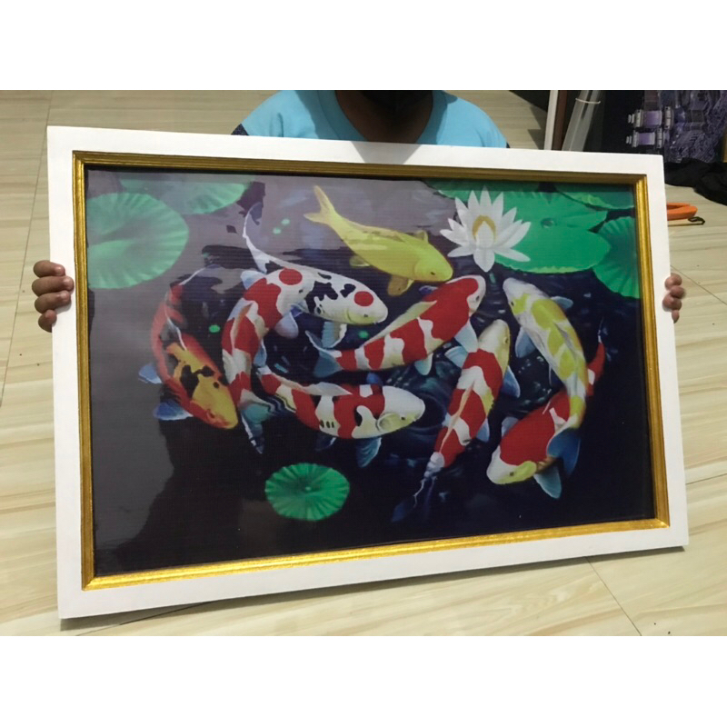 lukisan cetak gambar ikan koi 1 bunga teratai plus bingkai