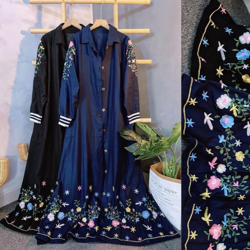 Flowery Rib Maxi dress motif bunga cantik warna hitam biru Dongker black navy gamis Maxy wanita musl