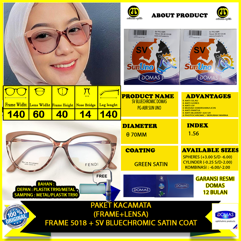 KACAMATA PAKET(FRAME+LENSA) BLUECHROMIC SUN UNO DOMAS 5018