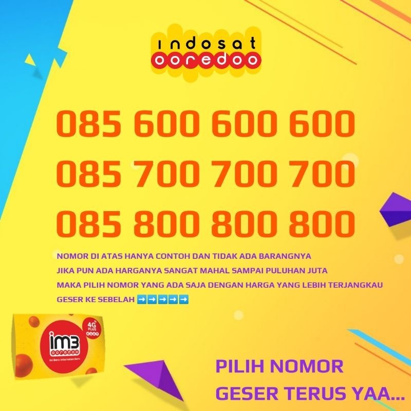 Kartu Perdana Nomor / Nomer Cantik Indosat IM3 Kwartet 1111 - Triple 555 666 - ABAB 8484 Puluhan