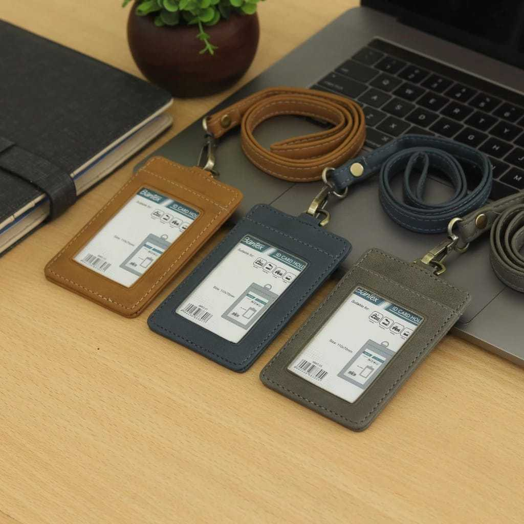 

Bantex Leather Name Tag ID Card Holder Kulit Sintetis Lanyard Tali