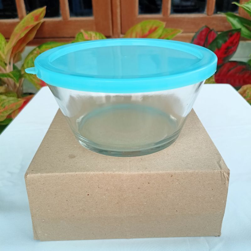 Mangkok Tutup Biru Diameter 17cm Kaca Beling Bening