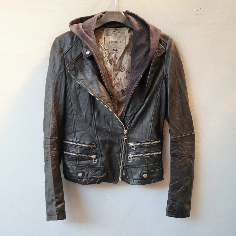 Jaket kulit asli domba cewek wanita hudi hoodie topi hoodi leather jacket Pl bekas preloved second