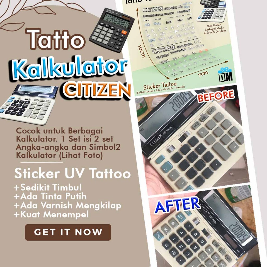 

Sticker UV Stiker Tato Tattoo Tombol Kalkulator Citizen Nomer Angka Calculator Number Symbol Lambang Kalkulator Ada Tinta putih hitam Terilhat sangat sama seperti baru original