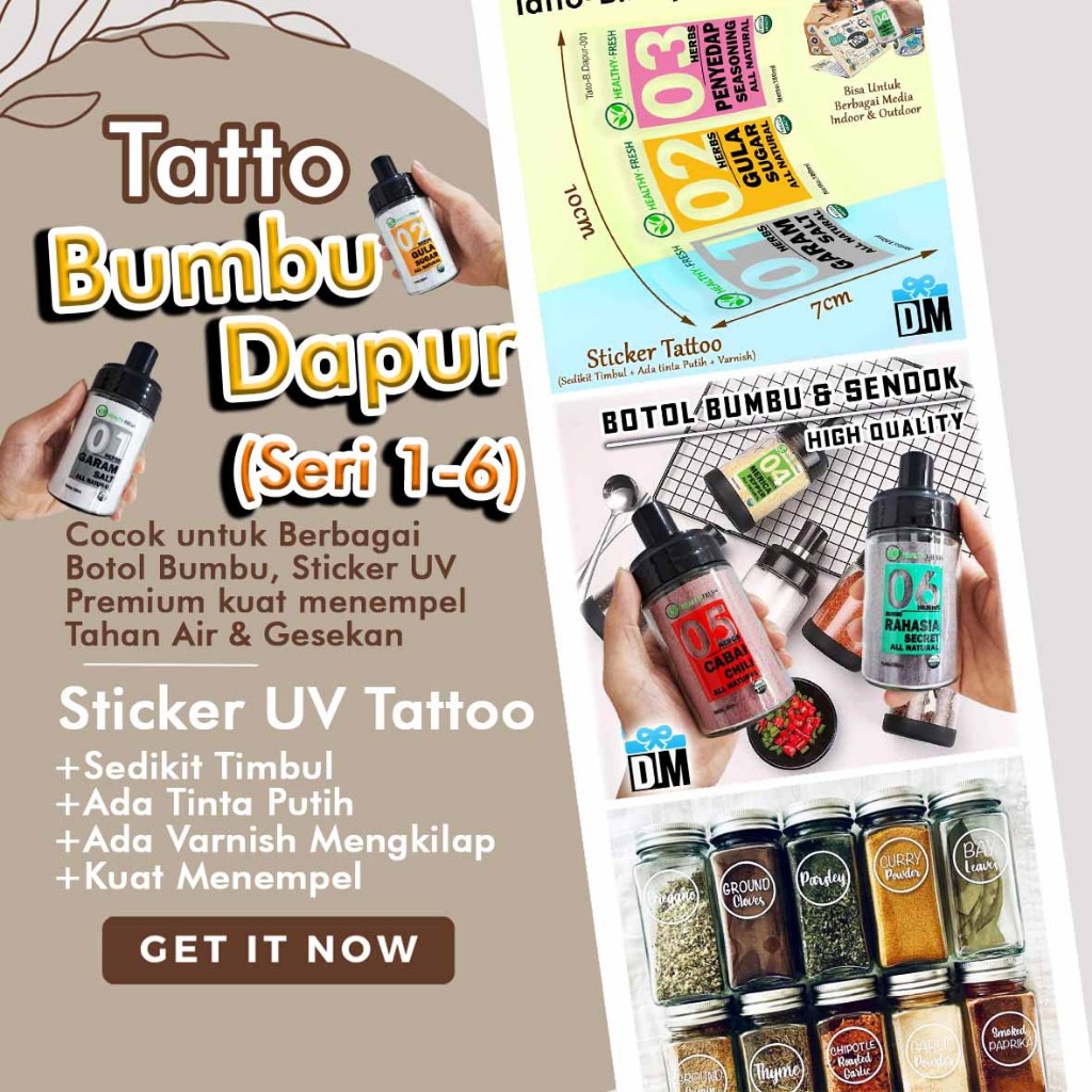 

Sticker UV Stiker Tato Tattoo Bumbu Dapur Kitchen Bottle Premium Tinta UV Tinggi tinggal Tempel Bukan Sticker Vinyl / Chromo Cutting Warna Timbul Nyata Tatto Tinta UV DTF