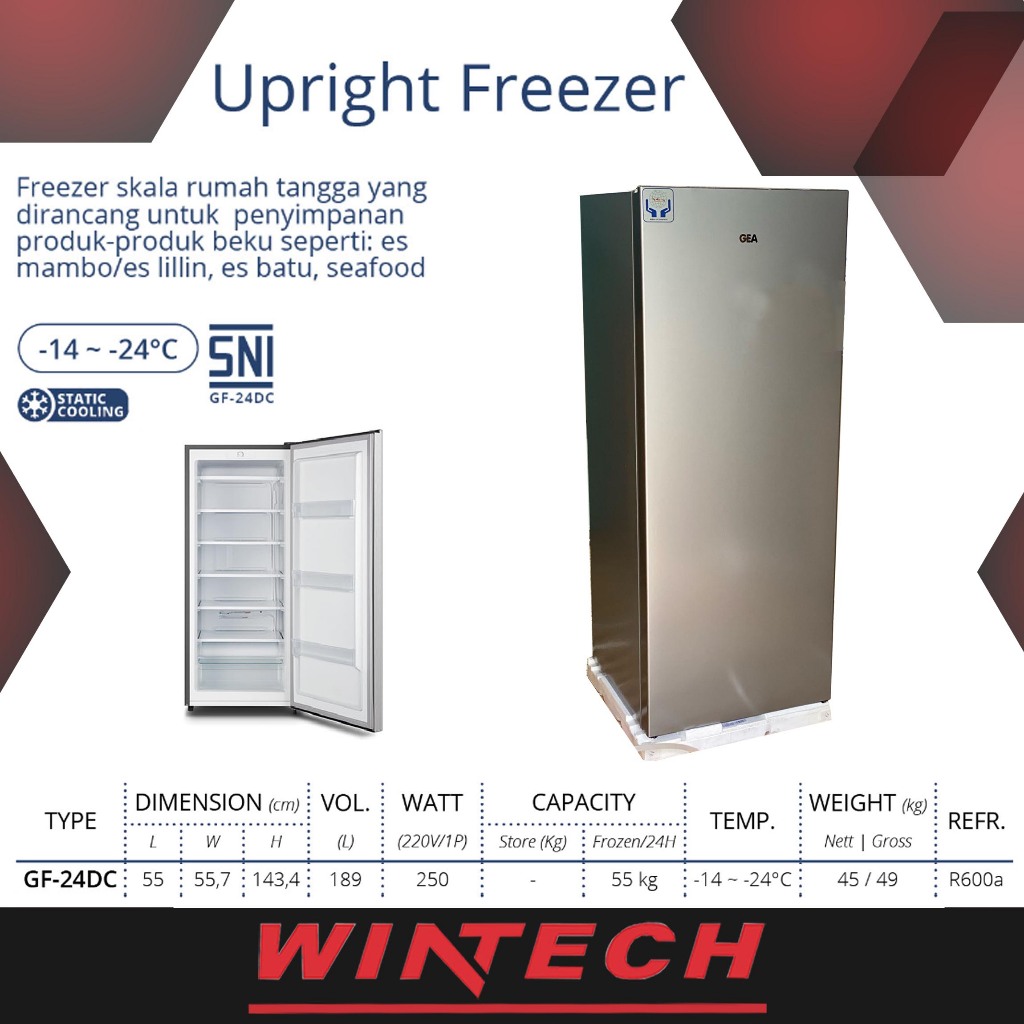 Gea GF-24DC Upright Freezer / Kulkas Es Batu / Freezer Asi Berdiri - Kulkas Pembeku Es Lilin, Es Mam