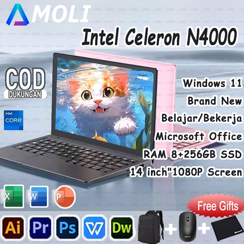 AMOLI 【laptop untuk mahasiswa】Laptop RAM 8GB +256GB SSD  HD 14 inci IPS Intel N4000 Windows11 Laptop