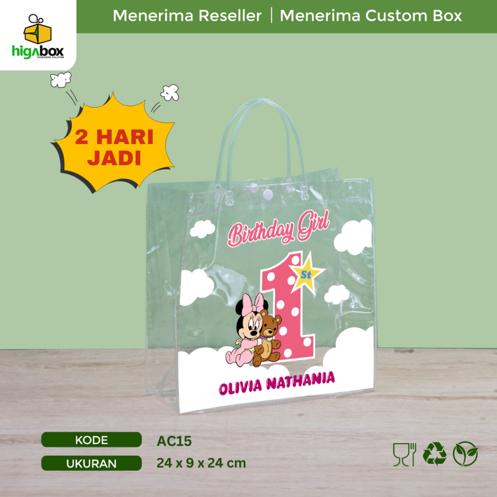 

Tas Mika Transparan 24 x 9 x 24 Tas Mika Motif Ulang Tahun Anak Hampers Ultah Anak Tas Mika PVC Polos Goodiebag Transparant Bening | ACX15