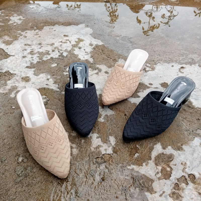 NS 01 sepatu sandal heels wanita rajut import terbaru motip hak bulat 4/5cm sol karet