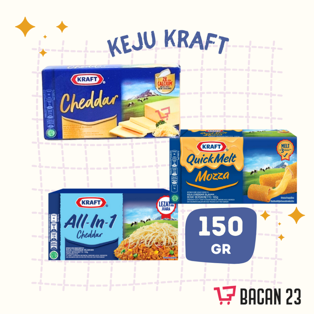 

Keju Kraft ( 150gr ) ( Cheddar - Quick Melt - All in 1) / Keju Parut / Keju Leleh / Bacan 23 - Bacan23