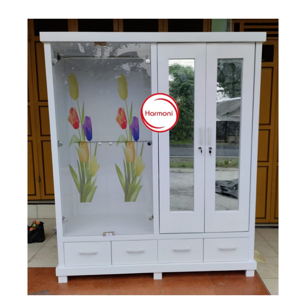 LEMARI PAKAIAN 4 PINTU KAYU CAT DUKO + KACA LEMARI BAJU 4 PINTU KAYU CAT DUKO GAMIS GANTUNG LEMARI P