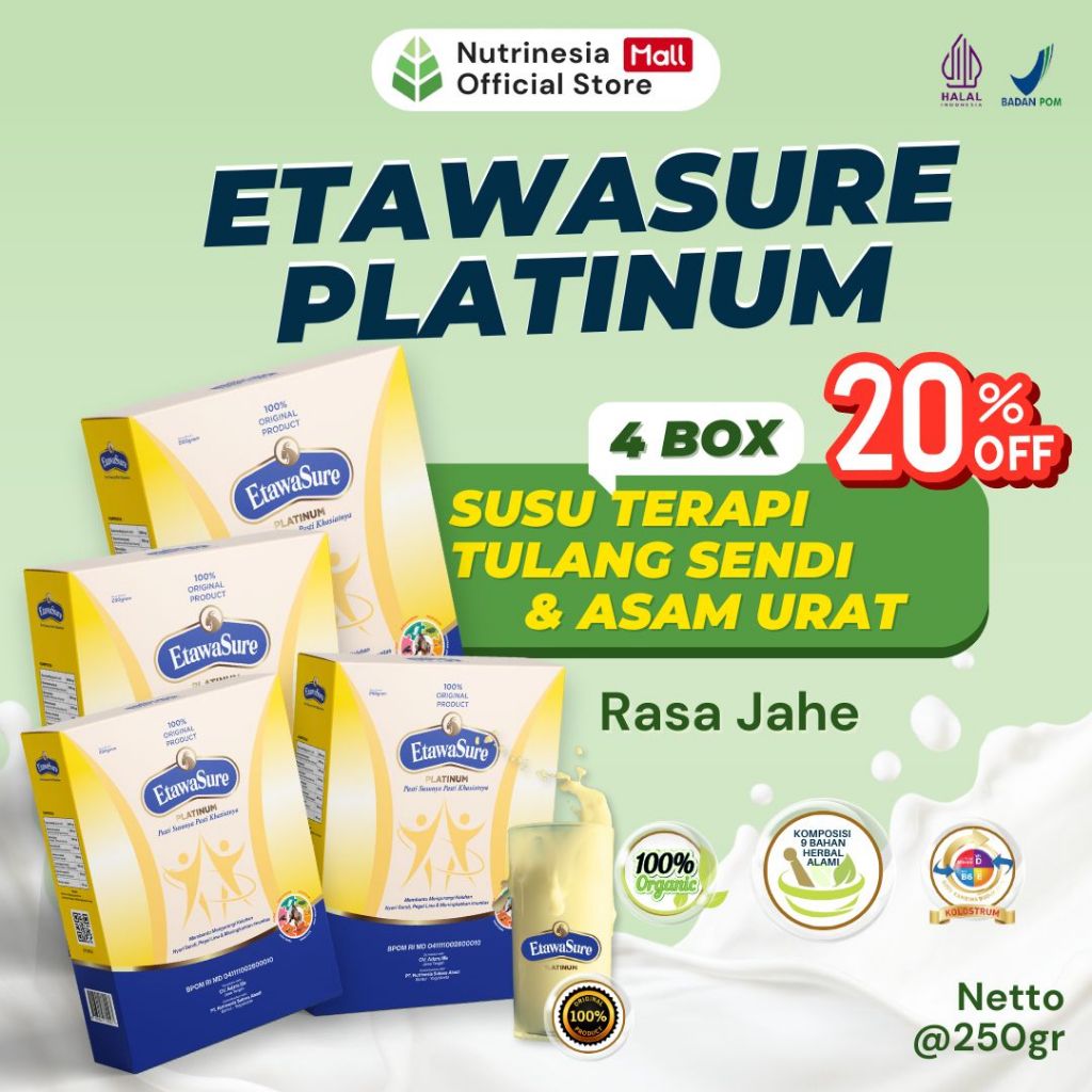 

Etawasure Platinum Susu Bubuk Kambing Etawa Untuk Nyeri Sendi dan Asam Urat Kemasan 250gram 4 Box