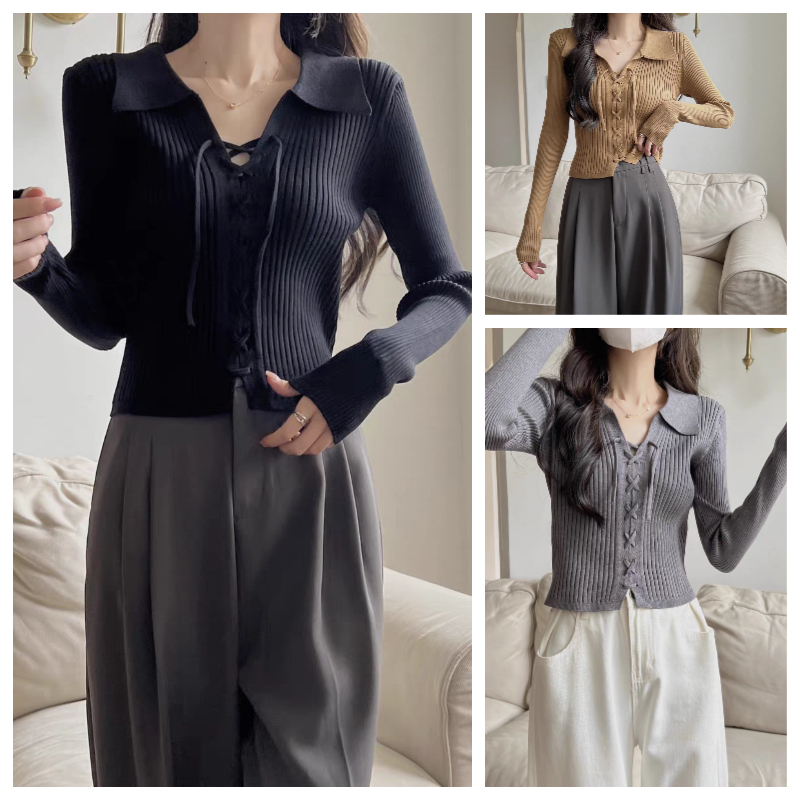 Crop top korea Baju rajut wanita Baju serut wanita Crop top lengan panjang Crop top serut