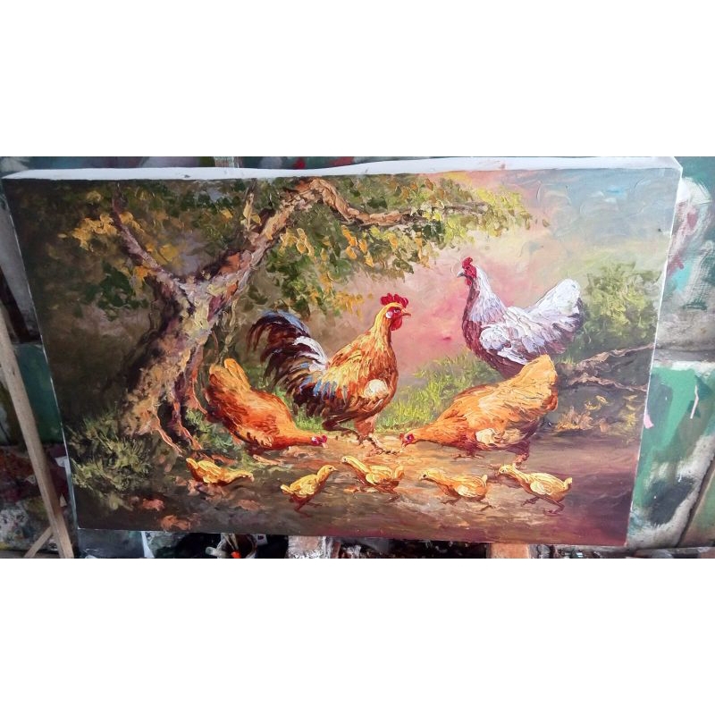 Lukisan kanvas ayam cat timbul lukisan dinding dekorasi dinding