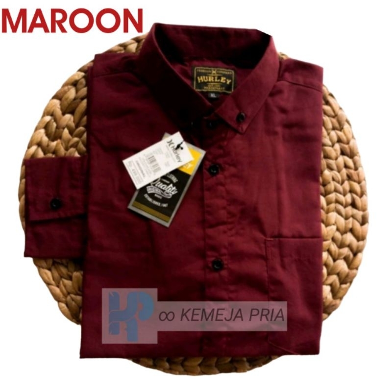 Kemeja Pria Polos Lengan Panjang Slimfit Merah Maroon Hem