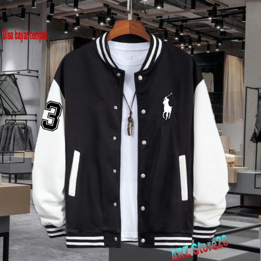 Terlaris!!! Free Jaket Varsity Kancing  Text Putih Logo Polo 3 Hitam Sweater   Distro Terbaru  Hoodi