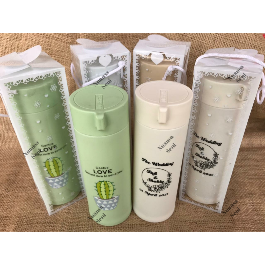 Souvenir Pernikahan Botol Kaktus Termos Kaca Tumbler Minum Motif Sablon Kemas Mika Motif