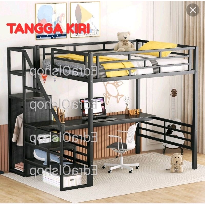 Ranjang Mezzanine Besi Tangga Rak Lemari Tingkat Atas 160x200cm Modern Mewah Minimalis