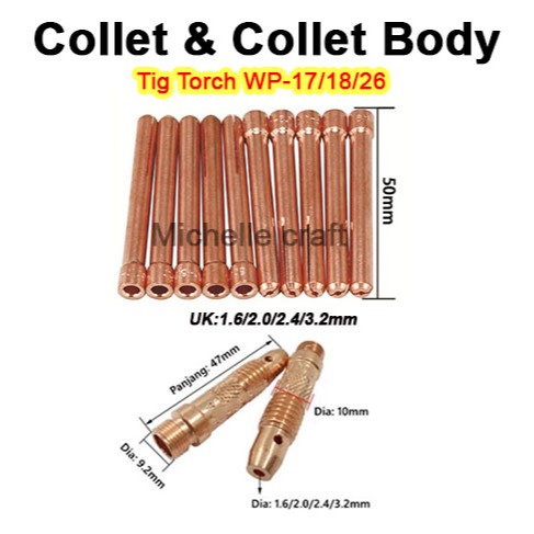 (10PCS)Collet & Collet Body Argon (1,6mm/2.0mm/2.4mm/3.2mm)Tig Torch WP 17/18/26 perlengkapan las