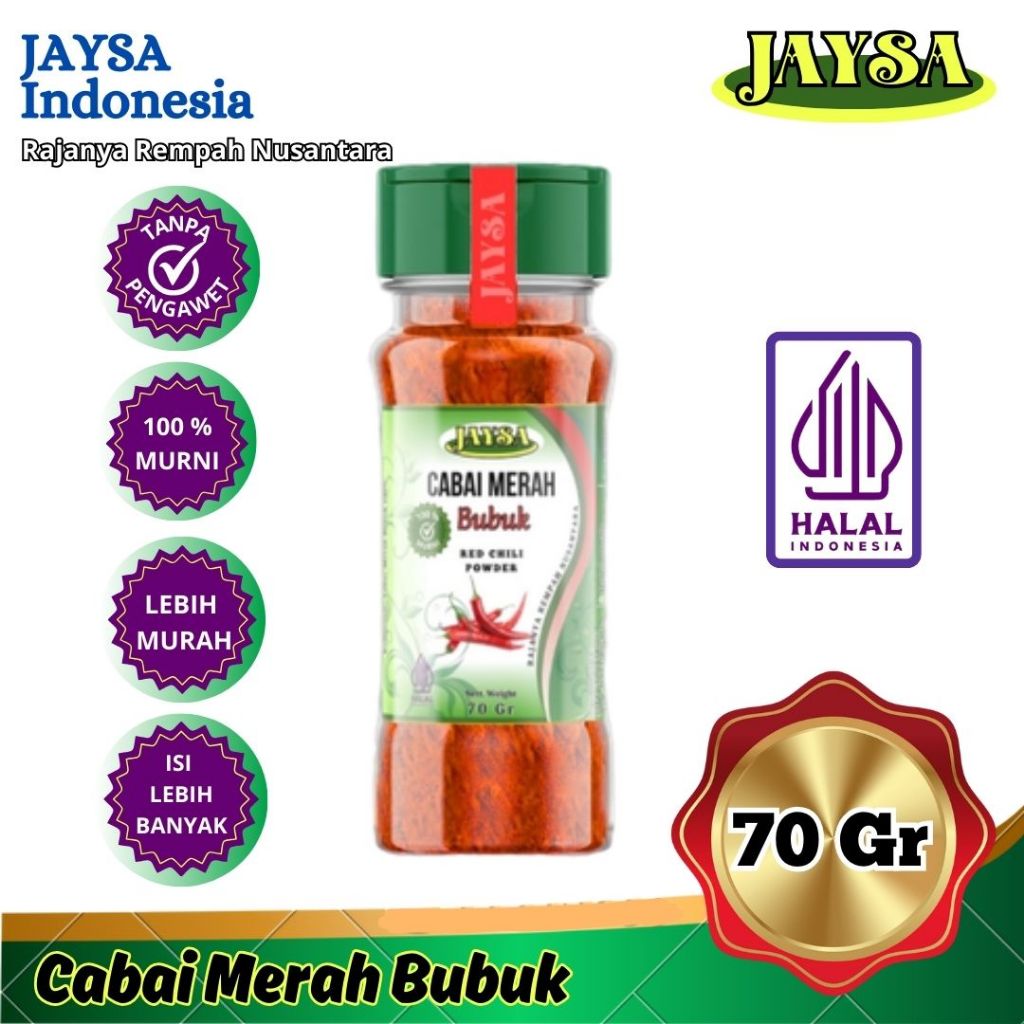 

JAYSA Bubuk Cabai 70 Gr / Chili Powder / Cabe Merah Bubuk / Ground Red Chilli / Cabai Merah Bubuk / Bubuk Cabe / Cabai Bubuk / Serbuk Cabai Merah / Cabai Bubuk Murni / Pure Chili Powder / Cabe Bubuk Asli / Ground Red Chilli