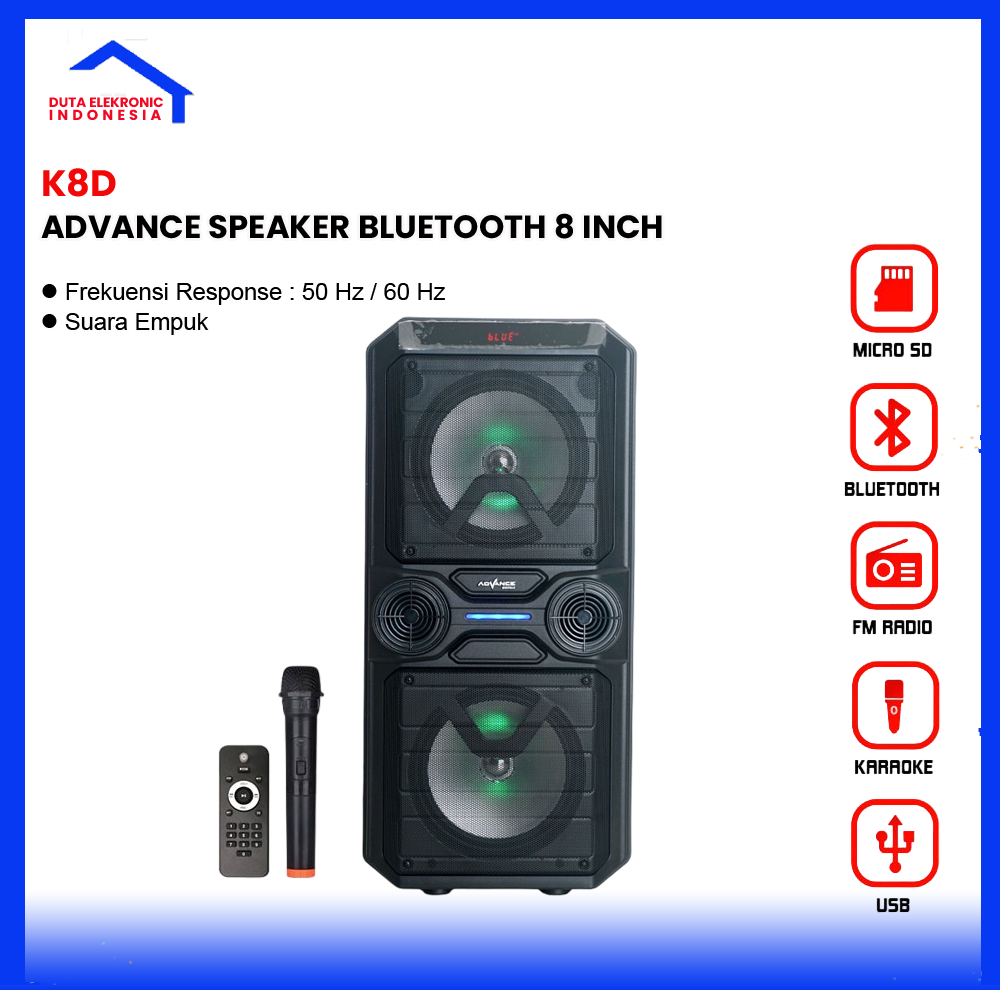 Advance Speaker 8 Inch K8D Double Portable Bluetooth Gratis Mic Wireless