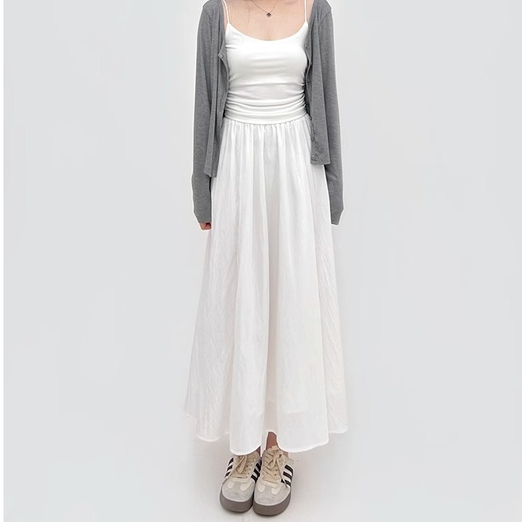 Rok Wanita - Rok A-line pinggang tinggi Putih - Rok Payung Maxi Pinggang Karet Kasual Korea - Rok Ma