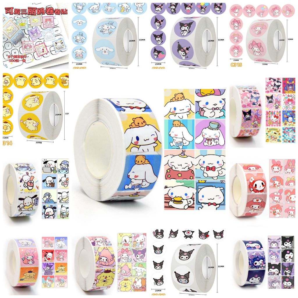 

500PCS STIKER AESTHETIC ROLL SANRIO CINNAMOROLL KUROMI MELODY POCHACO POM POM PURIN LABEL ONE PIECE STIKER TERMURAH