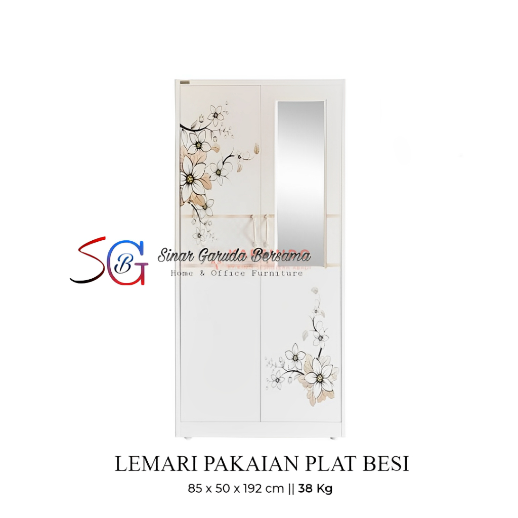 [ PLAT BESI ] LEMARI PAKAIAN BESI 2 PINTU JUMBO WARNA PUTIH MOTIF BUNGA / LEMARI BAJU 2 PINTU ANTI J