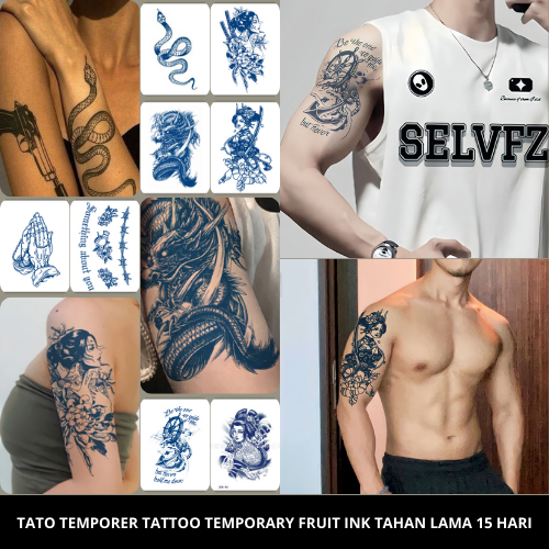 TATO TEMPORER TATTOO TEMPORARY FRUIT INK TAHAN LAMA 15 HARI WATERPROOF 11x18 CM TATTO SEMI PERAMEN T