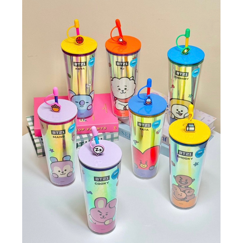 Miniso x BT21 Collection TUMBLR Cangkir Plastik BTS Cangkir Jerami Dengan Penutup Cangkir Kopi Berka
