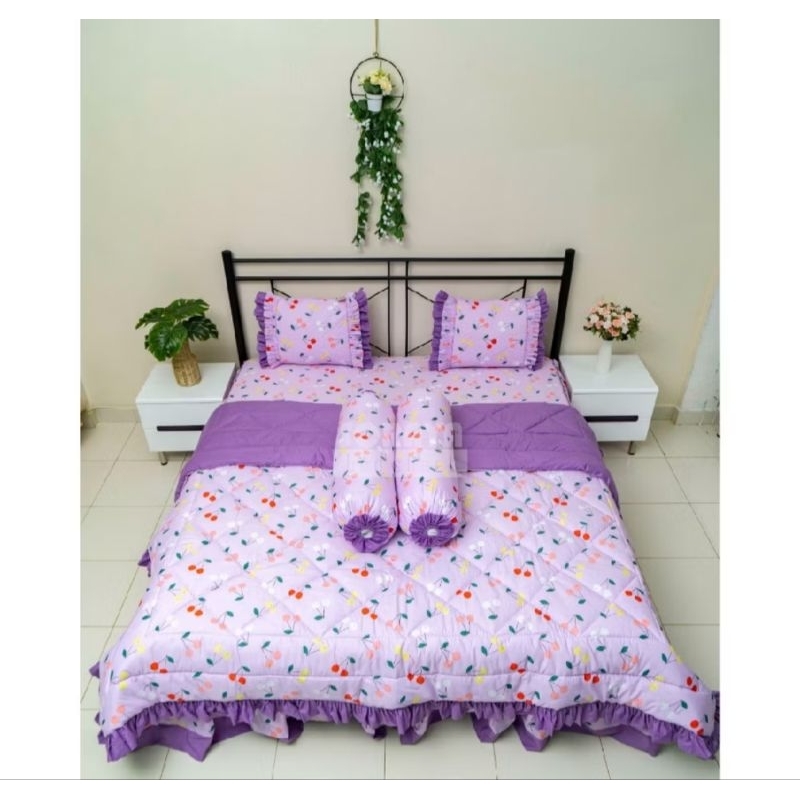 Sprei katun rumbai pengantin set bedcover motif Cherry Ungu ukuran 180x200